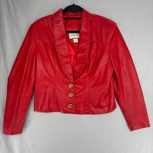 Continental Leather Fashions Vtg Red Lambskin Western Jacket Gold Buttons USA
